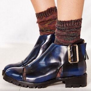 Jeffrey Campbell Flamel Cutout Ankle Boots Blue Leather